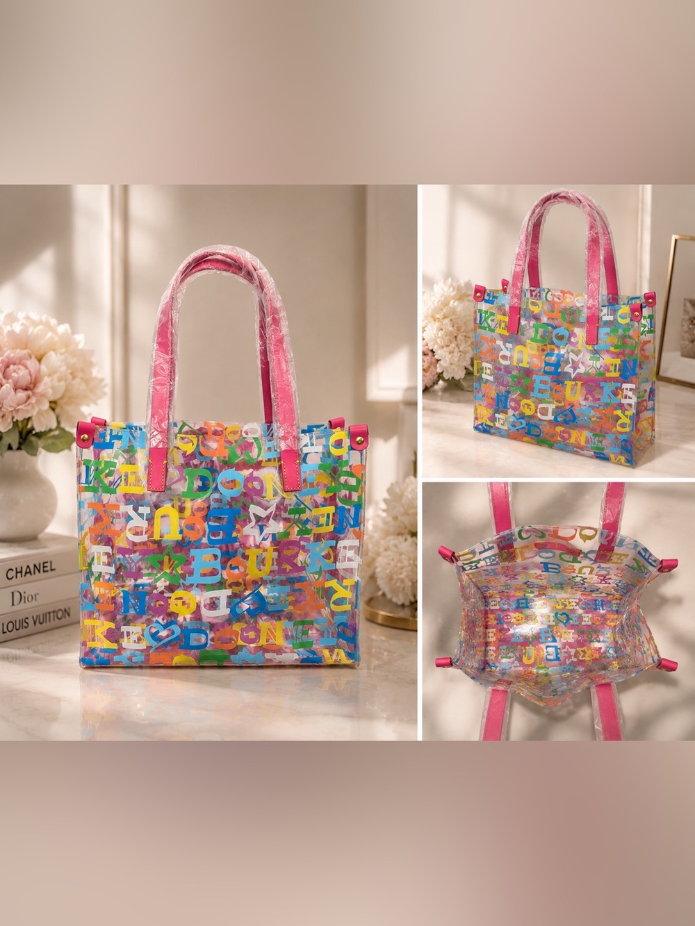 Dooney & Bourke Clear Multicolor Letter Print Tote with Pink Handles